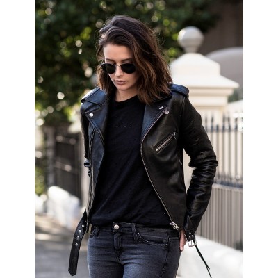 Belt and Zipper Closure Black leather Jacket For Women