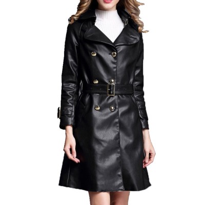 Belted Double Breasted Black Leather Trench Coat for Women