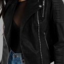 Black Quilted Bomber Biker Leather Jacket For Women