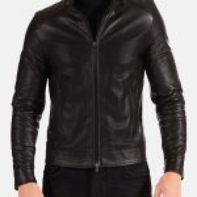 Black Stand Collar Leather Jacket For Biker Men