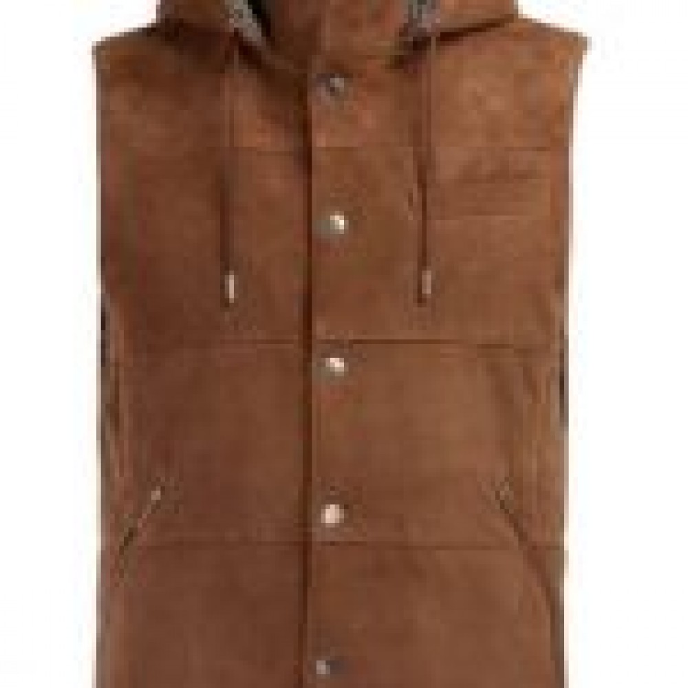 Brown Men’s Leather Padded Vest With Hood