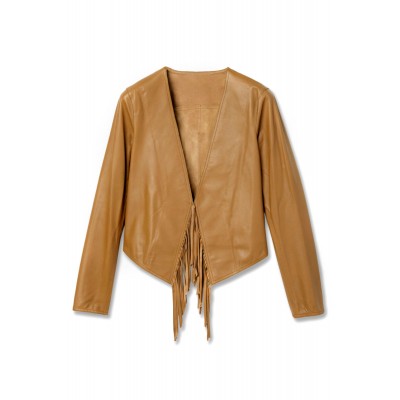 Brown Women’s Fringe Trim Leather Jacket