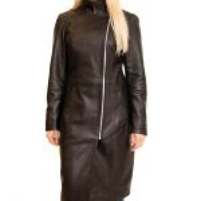 Brown Womens Long Faux Leather Coat