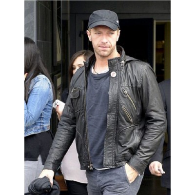 Chris Martin Coldplay Black Hooded Real Leather Jacket