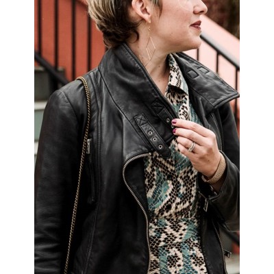 Collar Strap Black Leather Jacket For Women