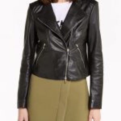 Crew Neck Women’s Black Leather Jacket