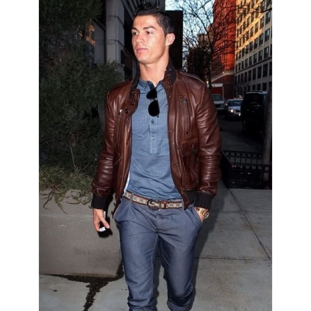 Cristiano Ronaldo Brown Leather Bomber Jacket For Men