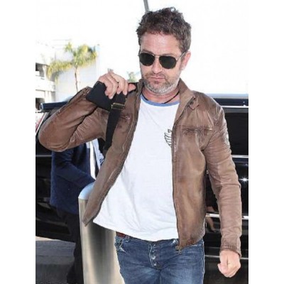 Gerard Butler Wears Brown Leather Jacket in Los Angeles