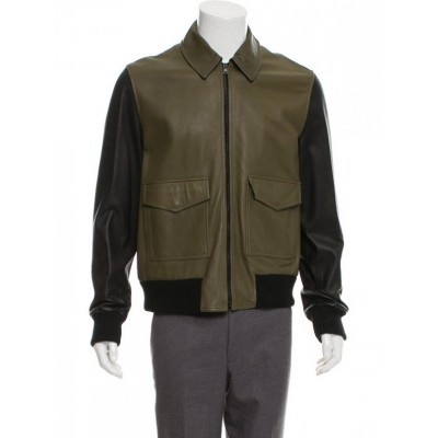 Green and Black Faux Leather Jacket For Men