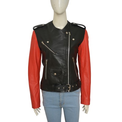 Hailey Baldwin Red Sleeves Leather Jacket