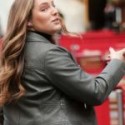 Kelly Brook Spotted In Gray Leather Jacket at London, UK