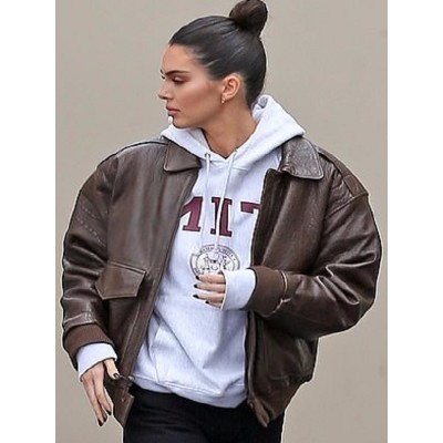 Kendall Jenner In Brown Leather Jacket After Filming KUWTK