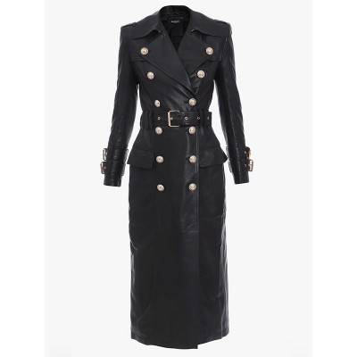 Long Black Leather Trench Coat For Women