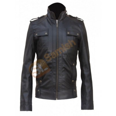 Men Flap Pocket Slim Fit Field Leather Jacket