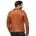 Men Tan Color Quilted Biker Leather Jacket