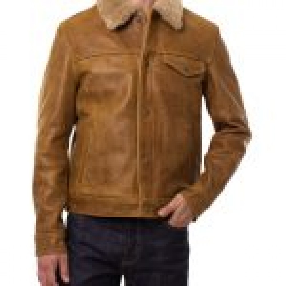 Men’s Brown Leather Trucker Jacket with Sheepskin Collar