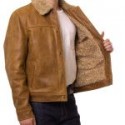Men’s Brown Leather Trucker Jacket with Sheepskin Collar