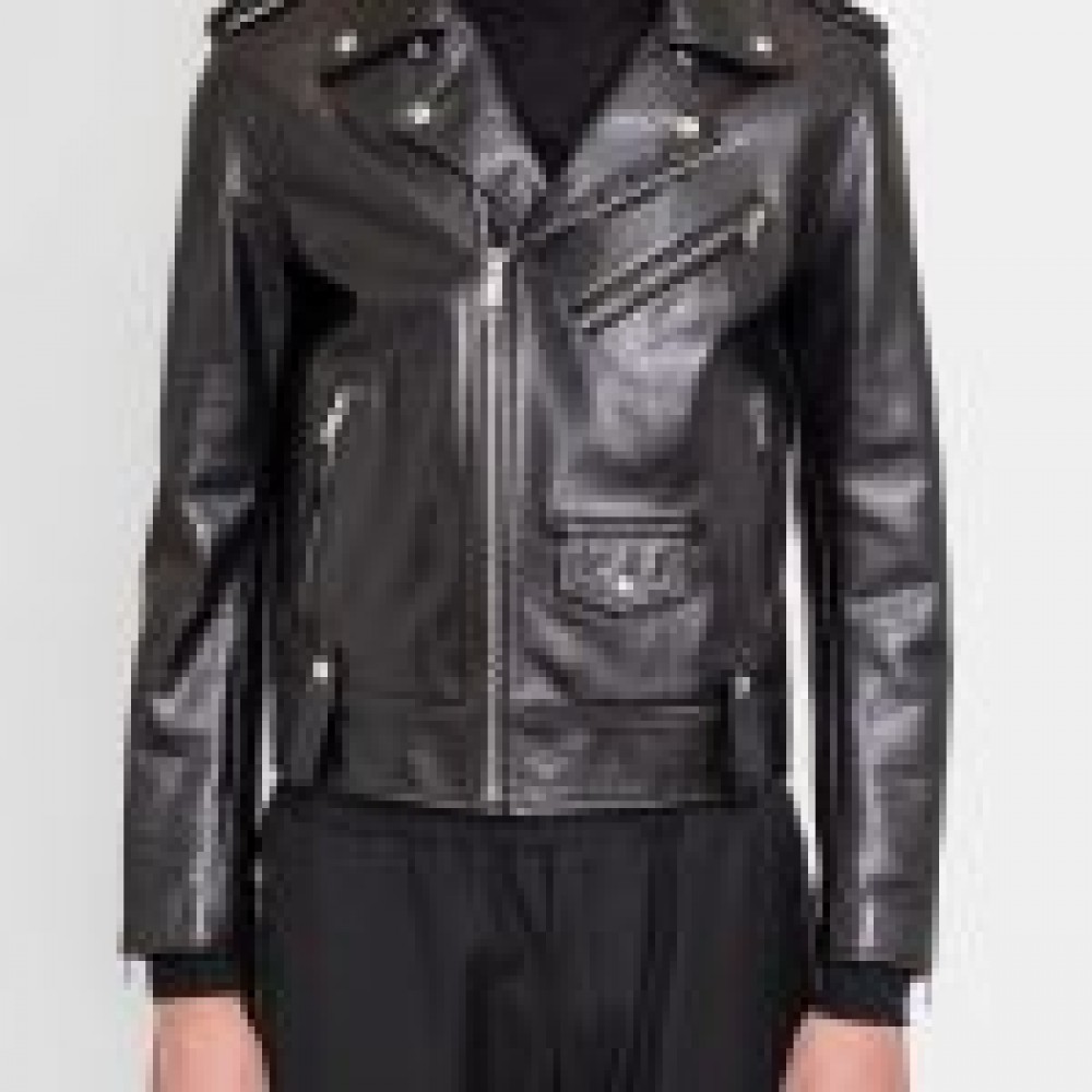 Men’s Charcoal Black Leather Biker Jacket