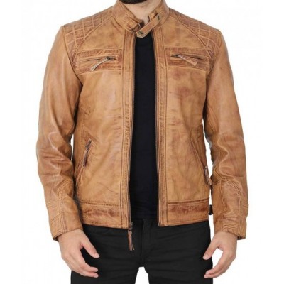 Mens Distressed Camel Brown Quilted Leather Jacket