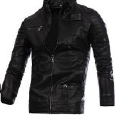 Men’s Fashion Black Collar Button Motorcycle Leather Jacket