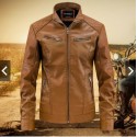 Chris Pang Stand Collar Brown Leather Jacket For Men