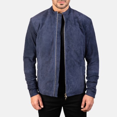 Charcoal Navy Blue Suede Biker Leather Jacket
