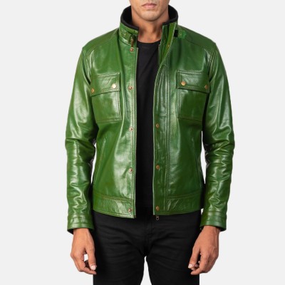 Darren Distressed Green Biker Leather Jacket