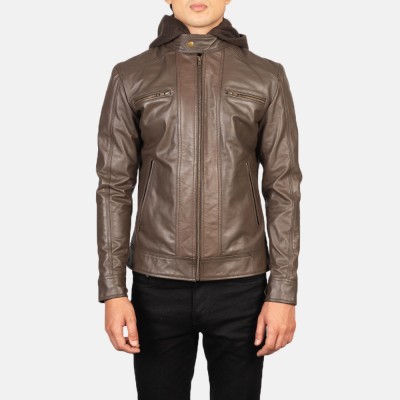 Hector Brown Hooded Biker Leather Jacket