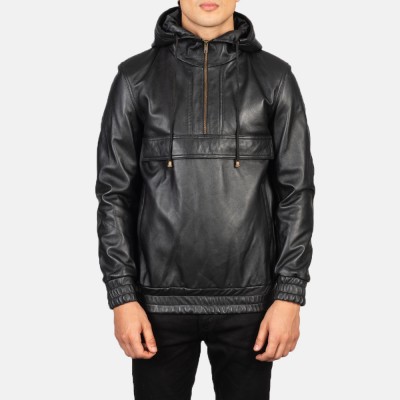 Kenton Hooded Pullover Black Leather Jacket