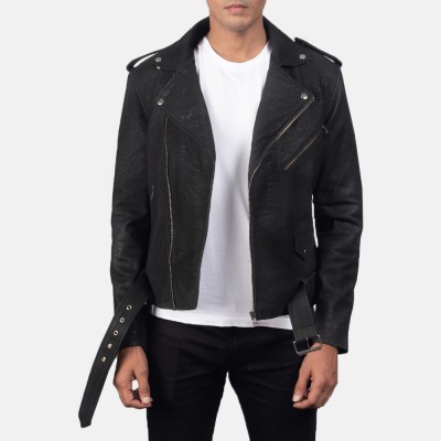 Furton Disressed Black Biker Leather Jacket