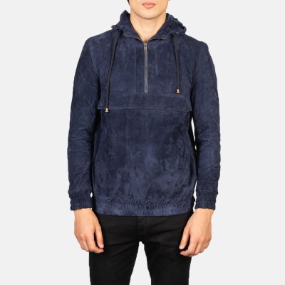 Kenton Hooded Blue Suede Pullover Jacket