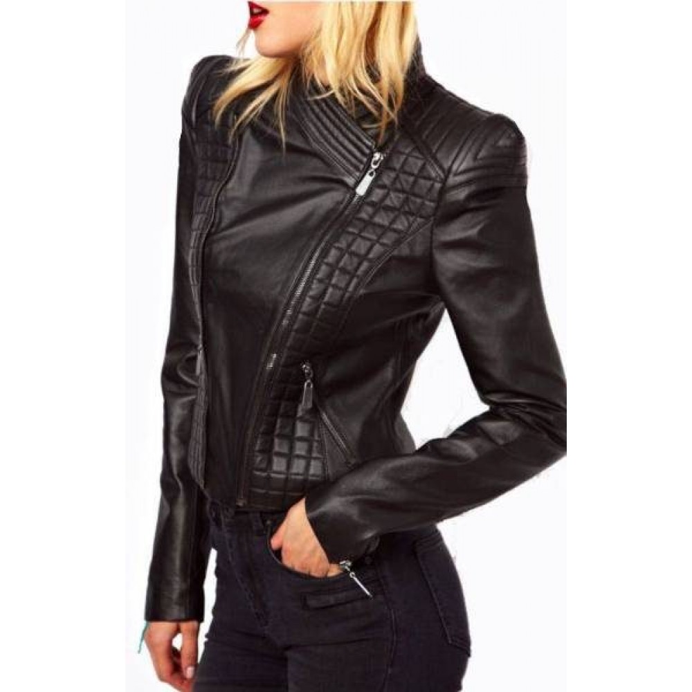 Quilted Womens Coat, Biker Black Slim Fit Leather Jacket