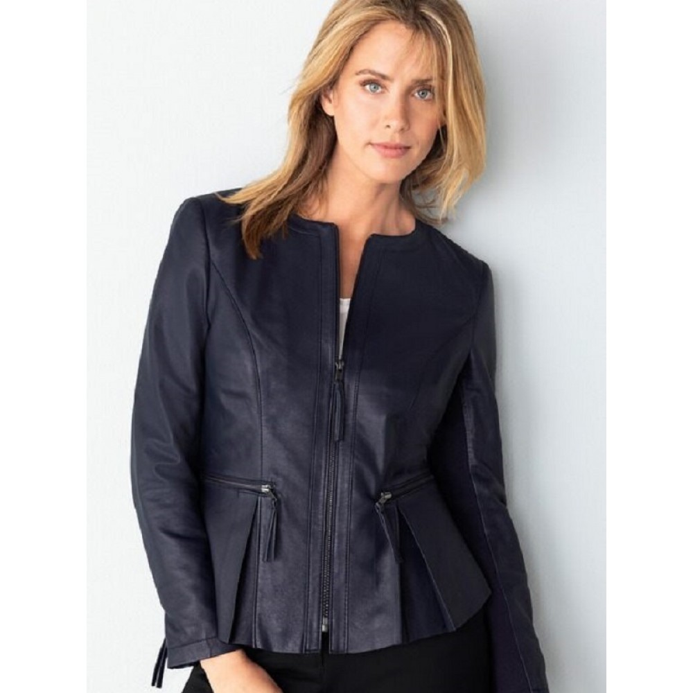 Stylish Blue Real Leather Jacket For Women