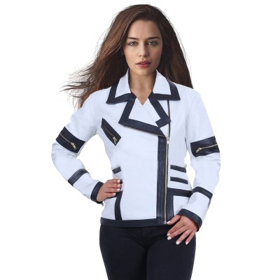 White Combo Leather Jacket For Women