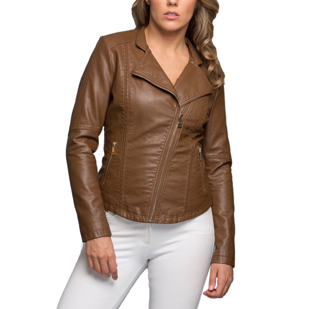 Women Asymmetrical Biker Faux Leather Jacket In brown