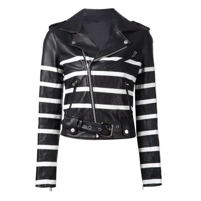 Women Black and White Striped Leather Jacket