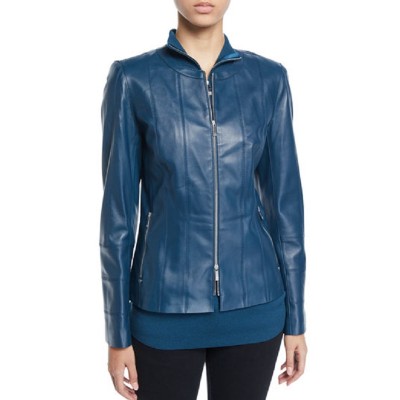 Women Blue Slim Fit Leather Rain Coat