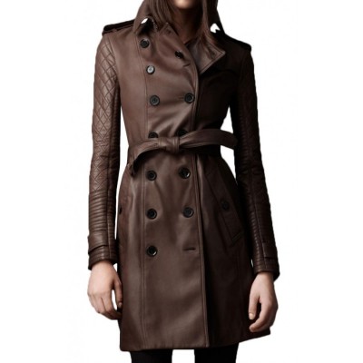 Women Mid Length Double Breasted Leather Coat
