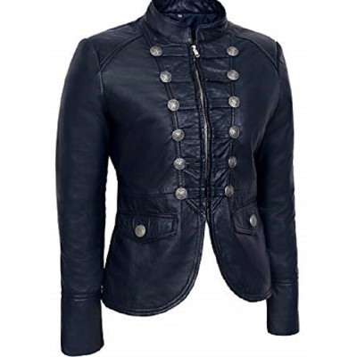 Women Navy Blue Military Parade Style Real Leather Jacket