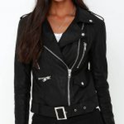 Women’s Black Biker Leather Epaulette Shoulder Jacket