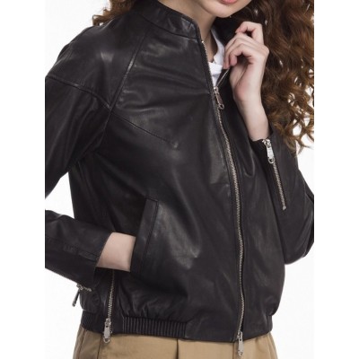 Women Black Leather Racer Jacket With Stripe Lining