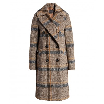 Womens Double Breasted Brown Plaid Tweed Coat