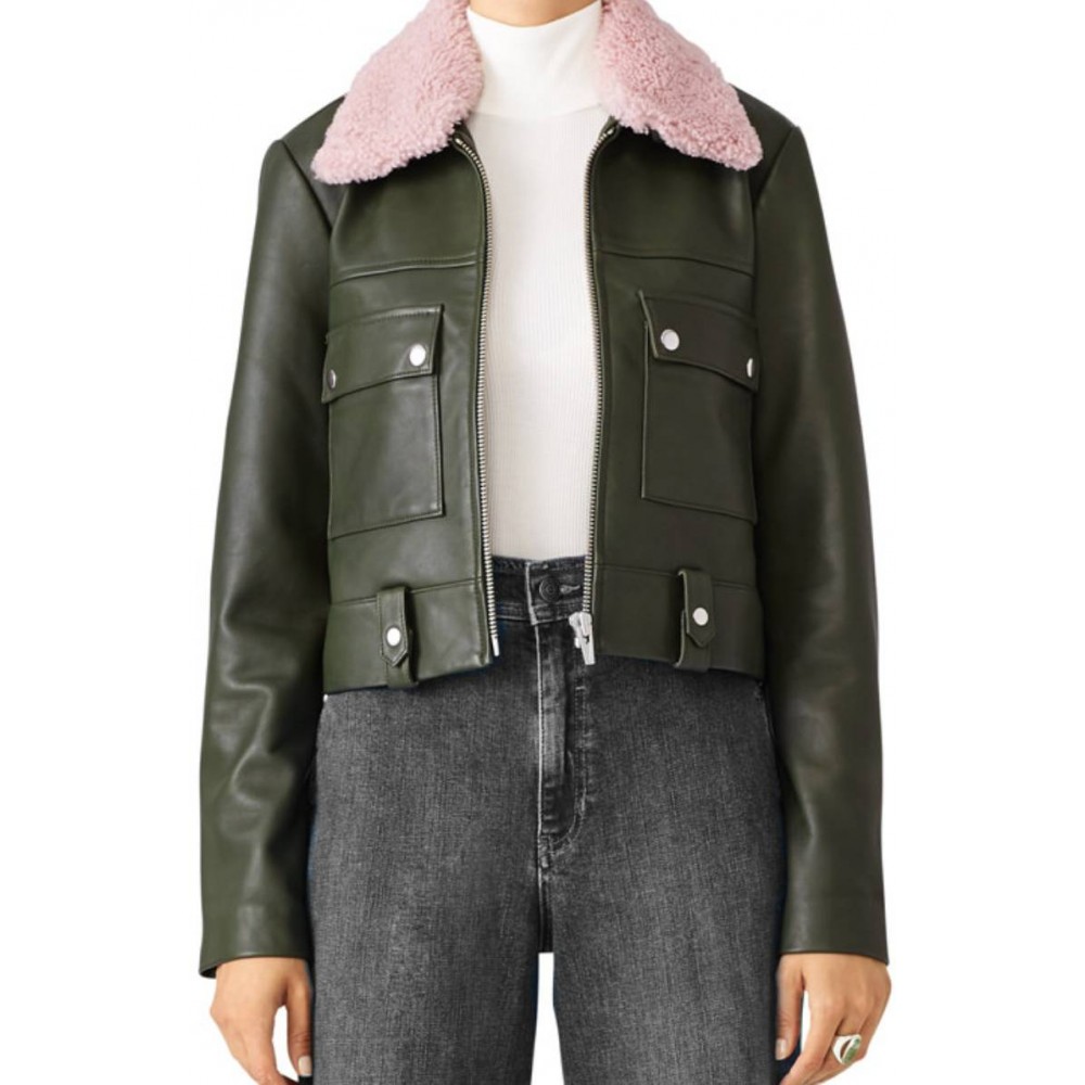 Women’s Fur Collar Faux Leather Jacket In Green With Front Pockets