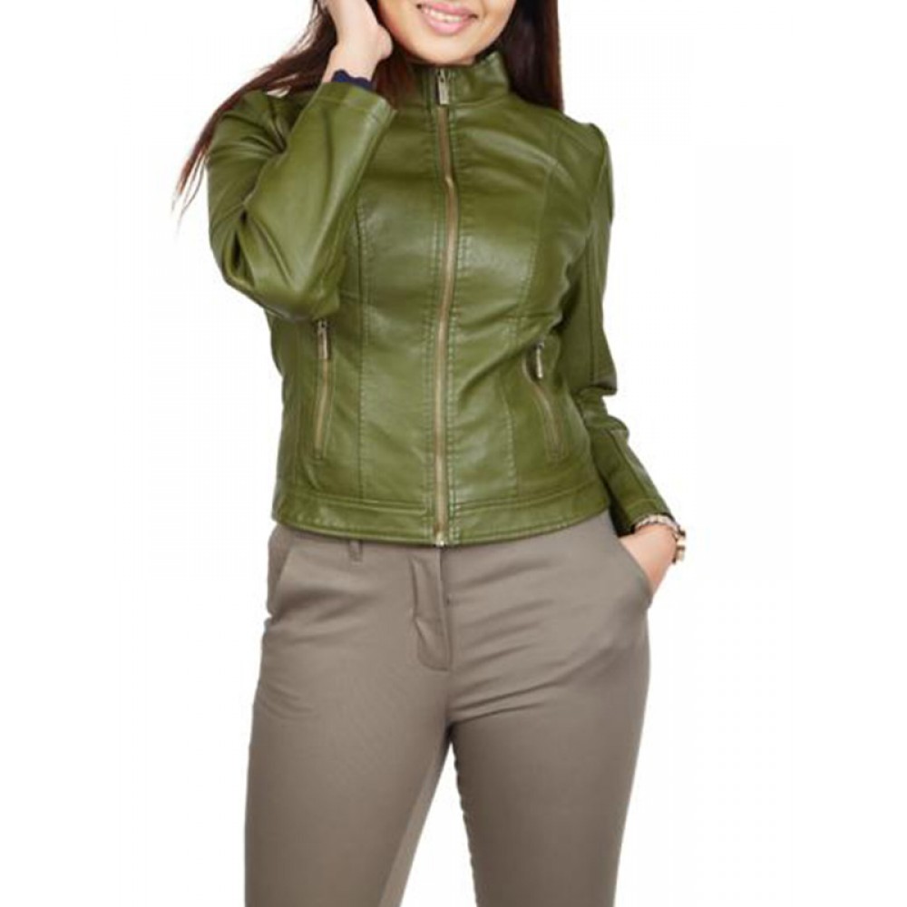 Women’s Outdoor Green Leather Jacket